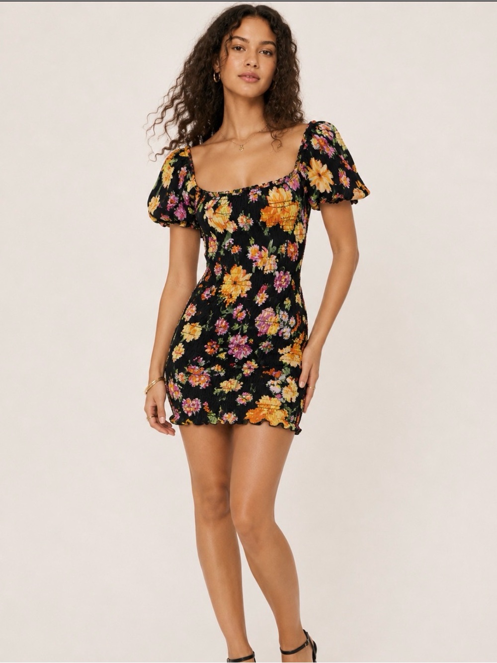 H&M Black Floral Puff Sleeve Mini Dress with Yellow & Pink Blooms